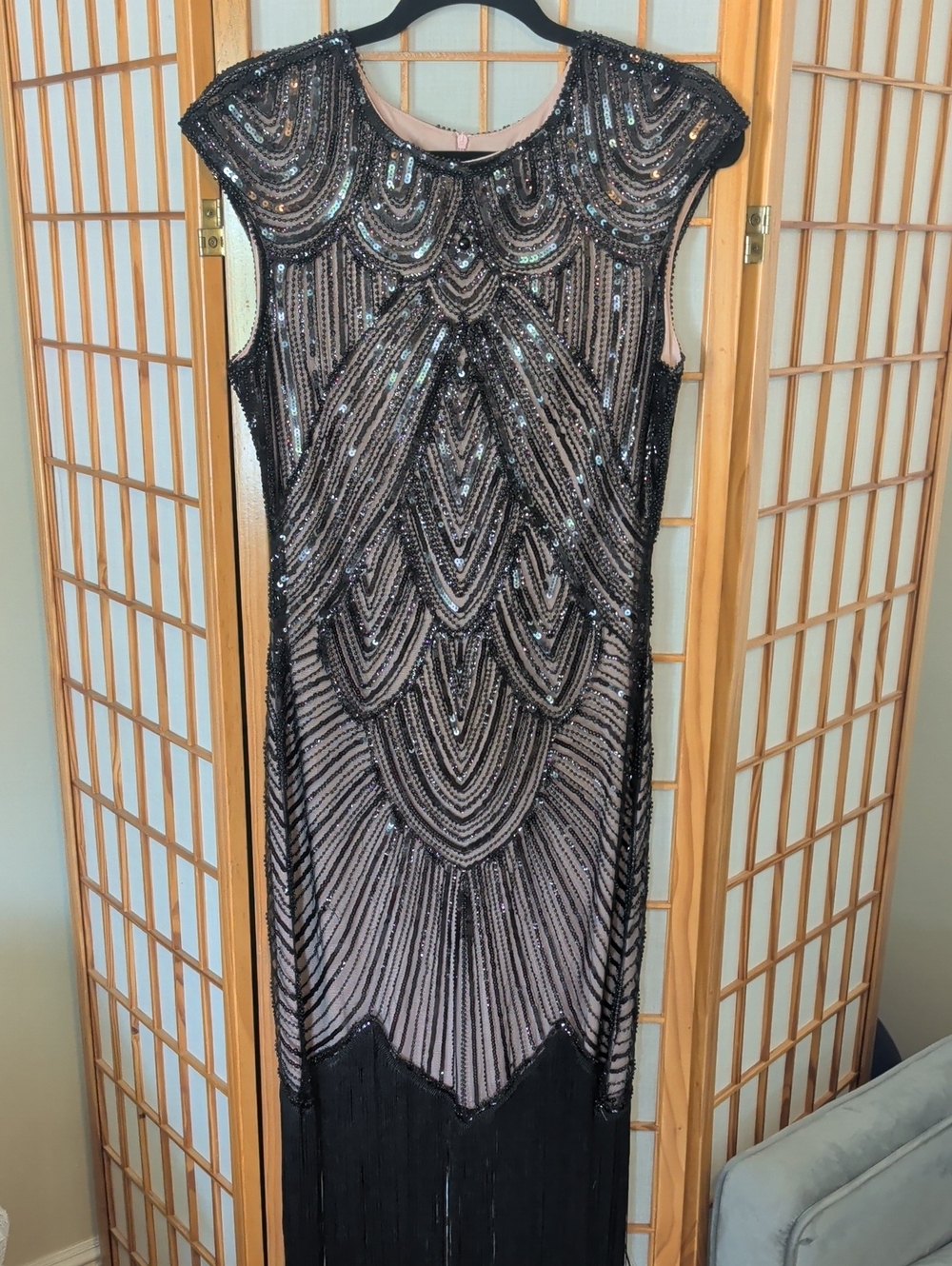 Art Deco Beaded Black and Nude Evening Dress With Fringe Detail